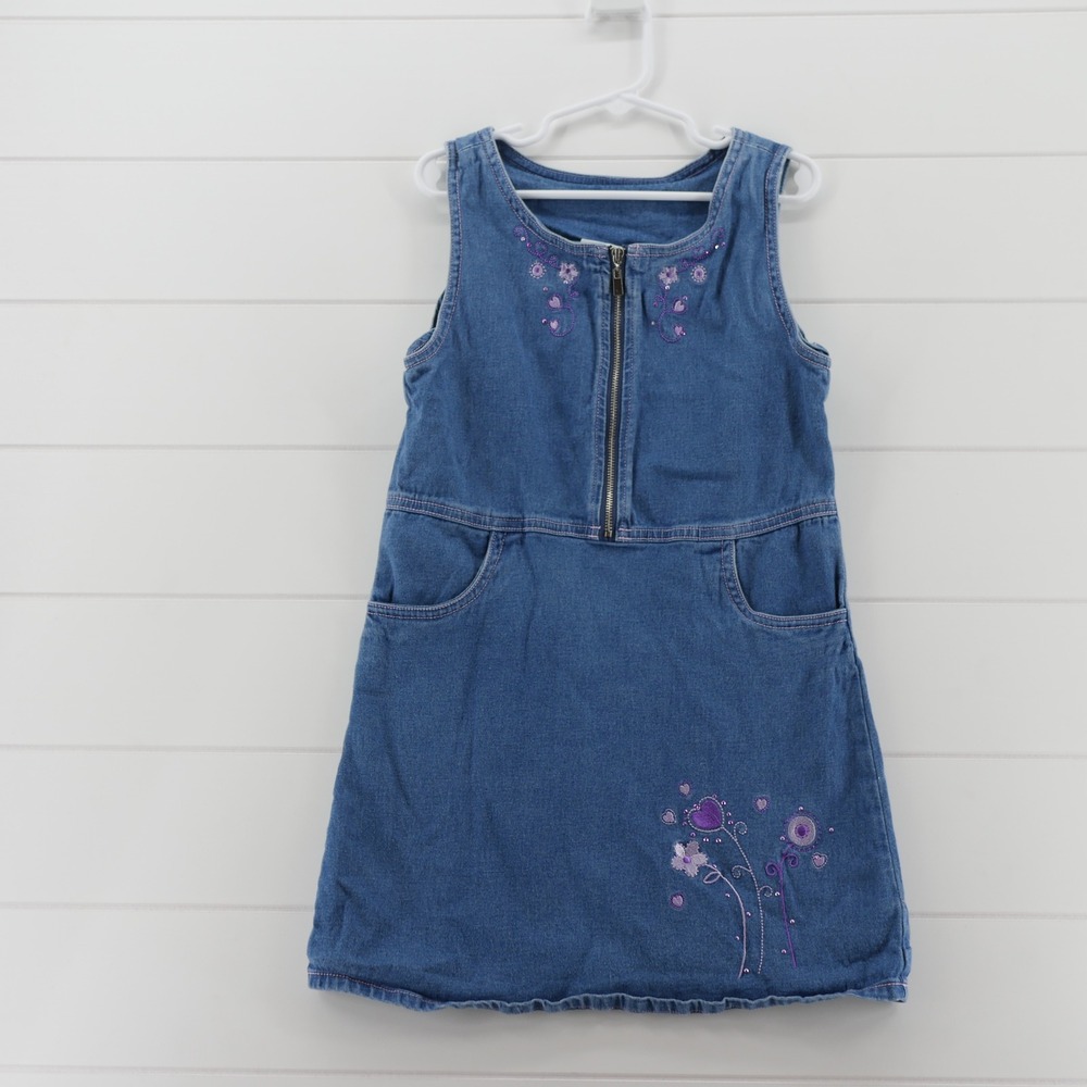 Vintage Girls Denim Jumper Dress  Embroidery flower Size 6X